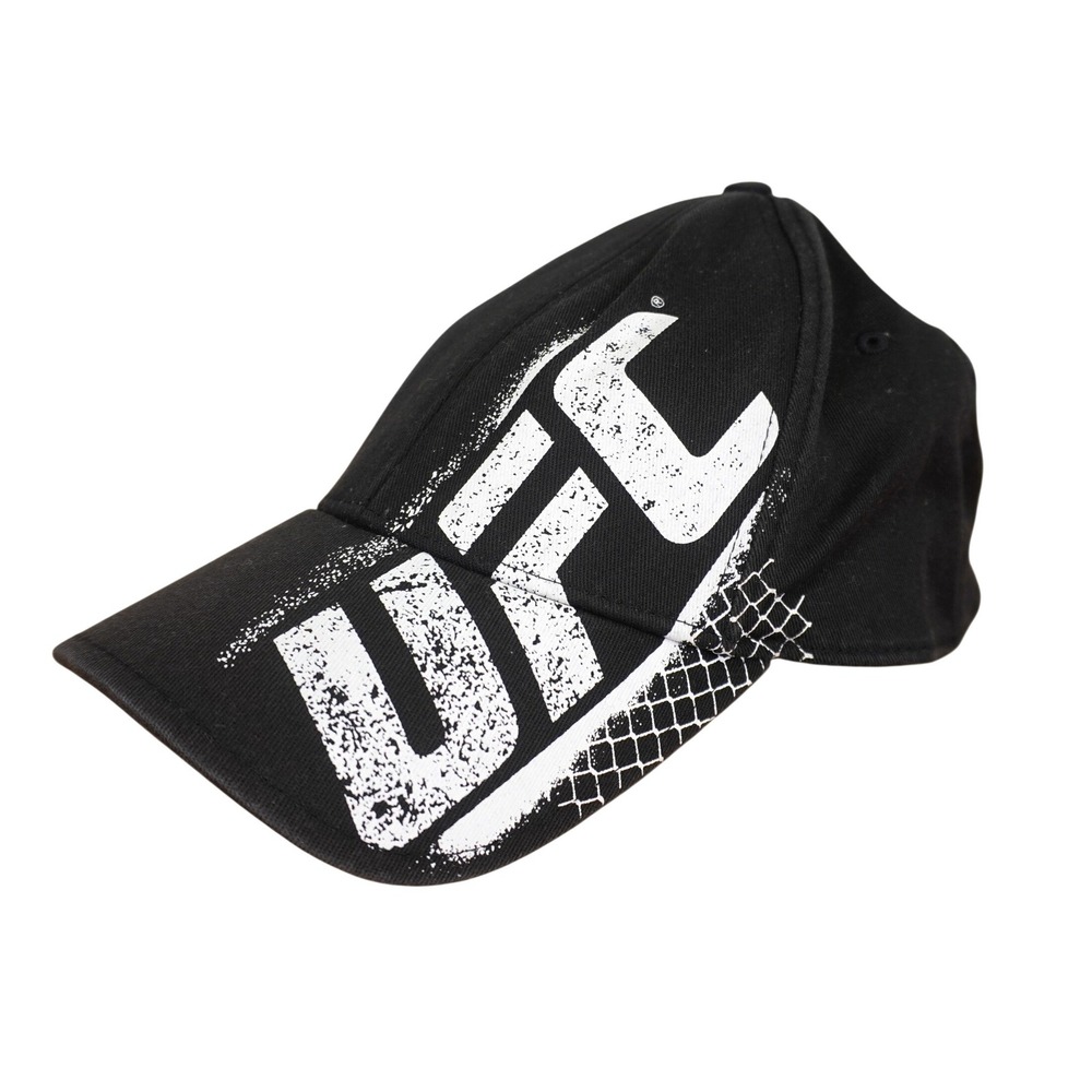 Vintage UFC Hat Black Distressed Graphic Logo A-Flex Stretch Fit Baseball Cap
